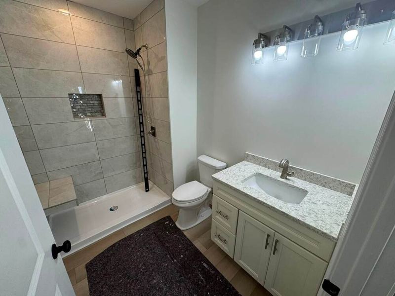 Finished bathroom shower and vanity